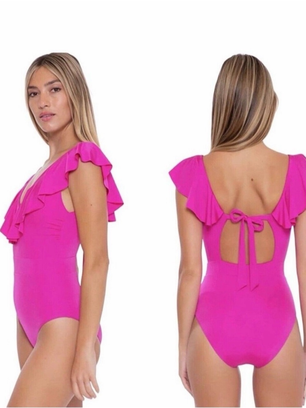 Trina Turk Womens Monaco Solid Ruffle Plunge One Piece Swimsuit Pink Size 10 - Picture 5 of 5